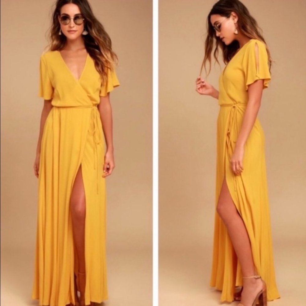 Lulus Much Obliged Wrap Maxi Dress Golden Yellow Size XS